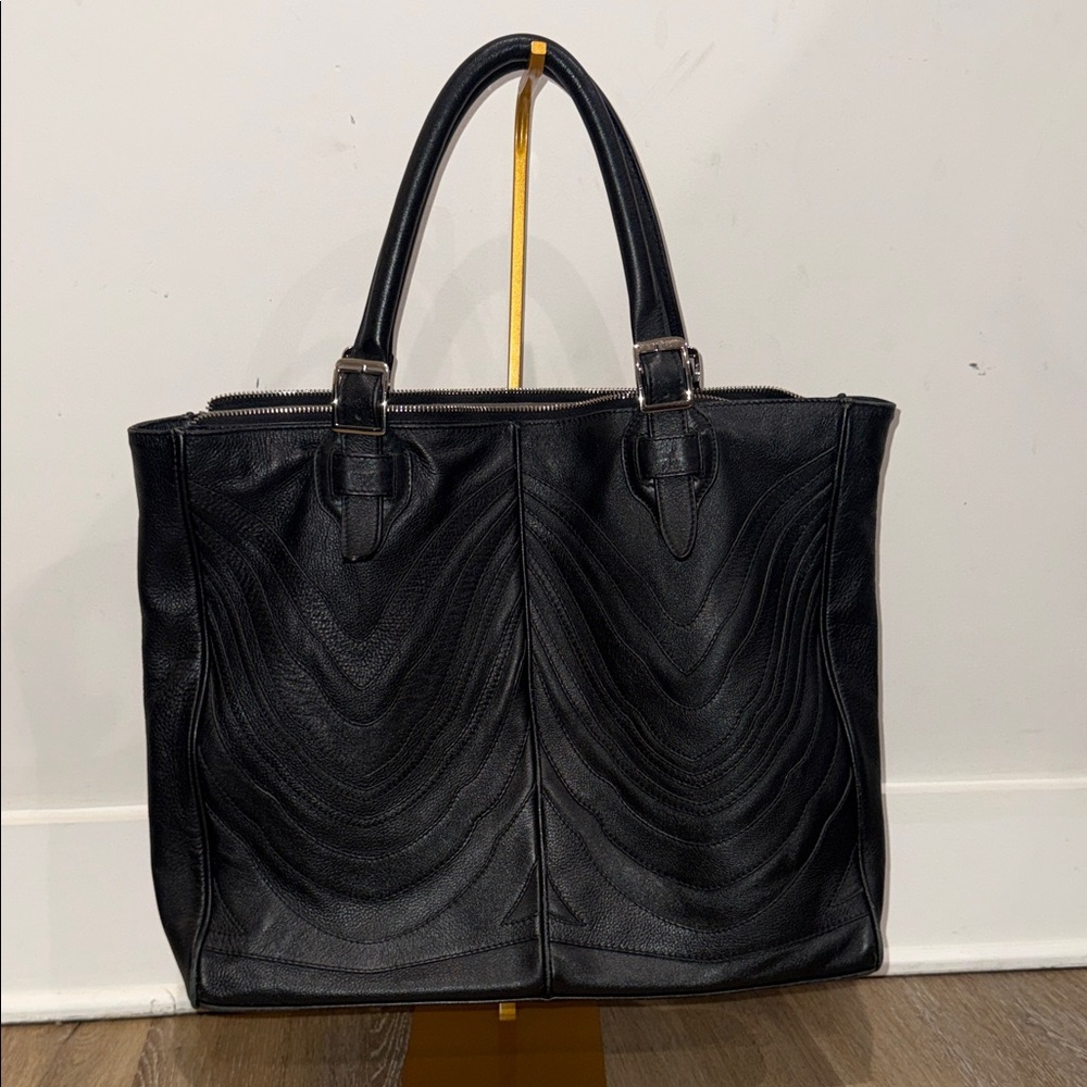 Bracher Emden London Black Leather Tote Bag Shoulder Satchel Embossed Large